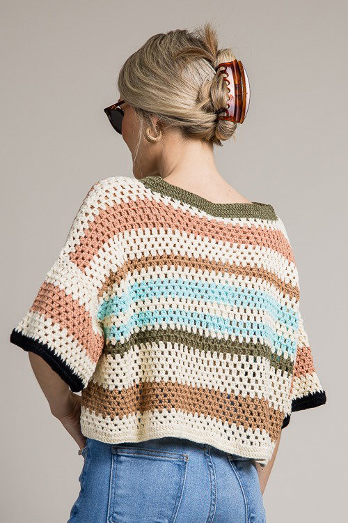 STRIPE SHORT SLEEVE CROCHET KNIT TOP